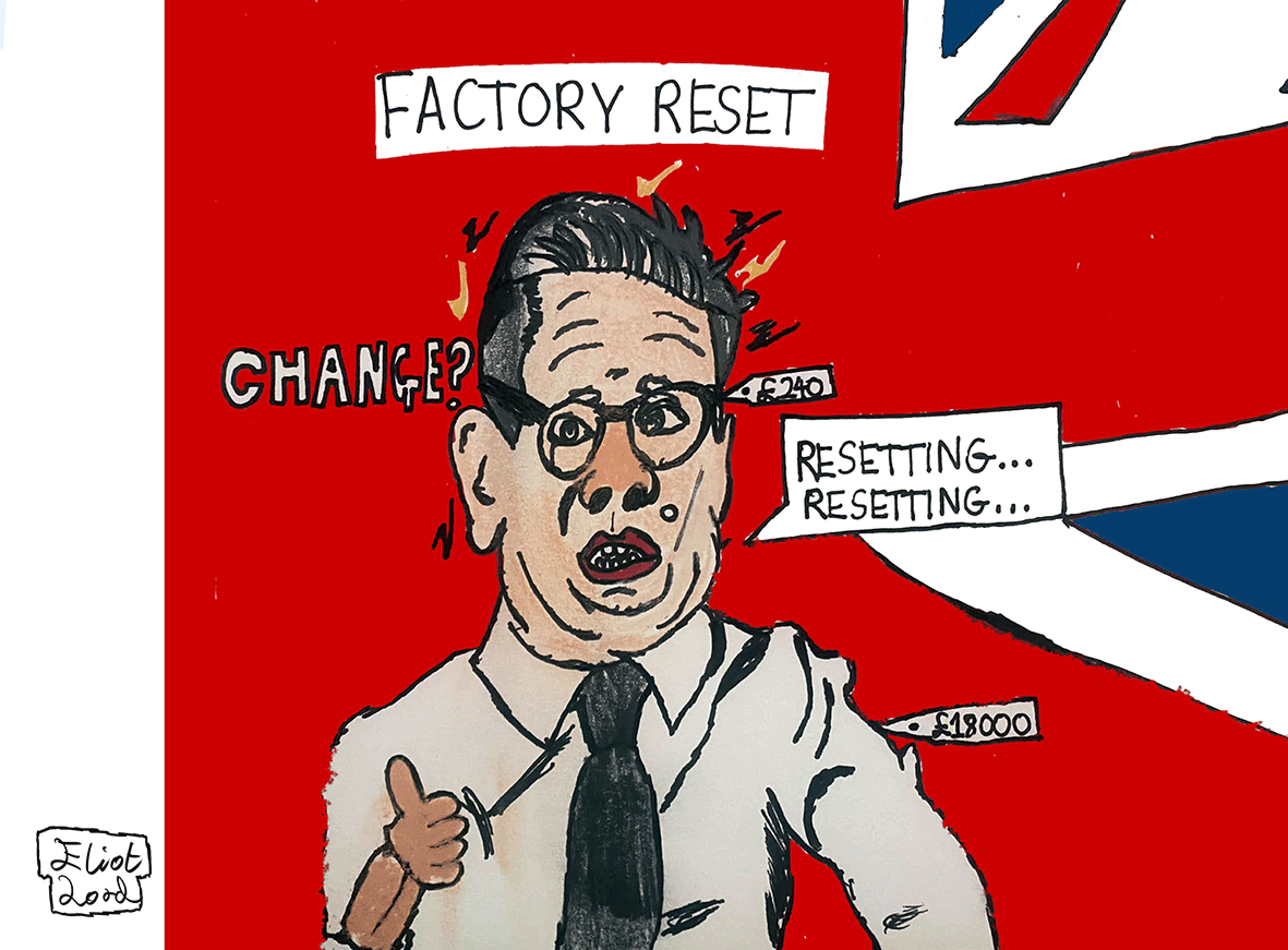 Keir Starmer dressed as a robot resetting with the caption Factory Reset