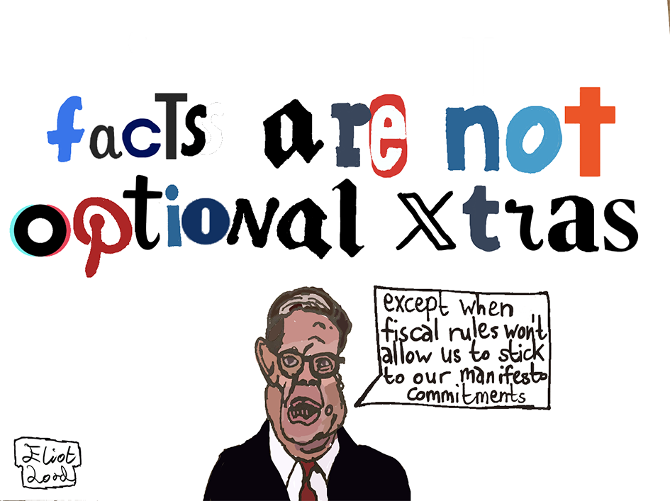 A cartoon portrait of Keir Starmer looking sheepish, with the title Facts are not optional written in media and social media logo script