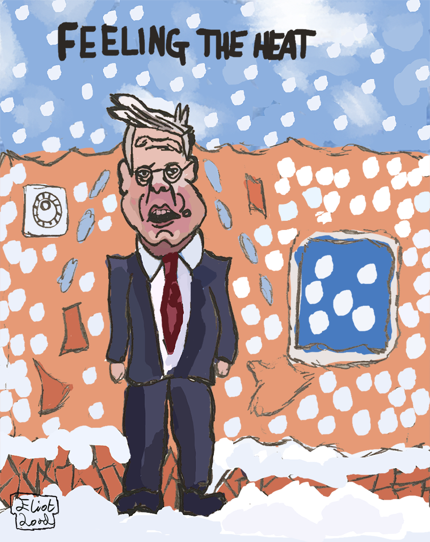 Keir Starmer sweating while in a snowstorm with the caption Feeling the Heat