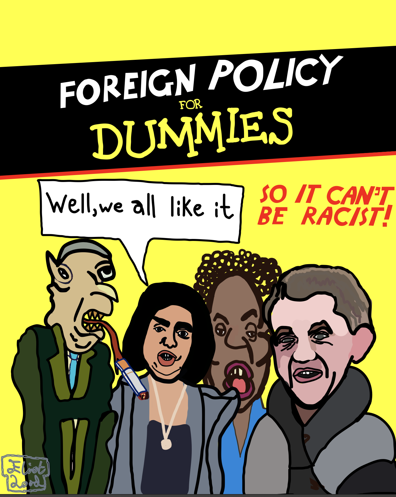 A cartoon of Shabana Mahmood among Tommy Robinson, Farage, and Badenoch all saying 'Well we all like it' regarding the government's new tougher immigration policies