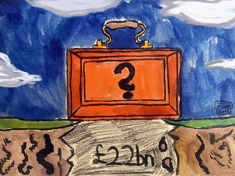 The Budget suitcase, ledged on the edge of two cliffs.