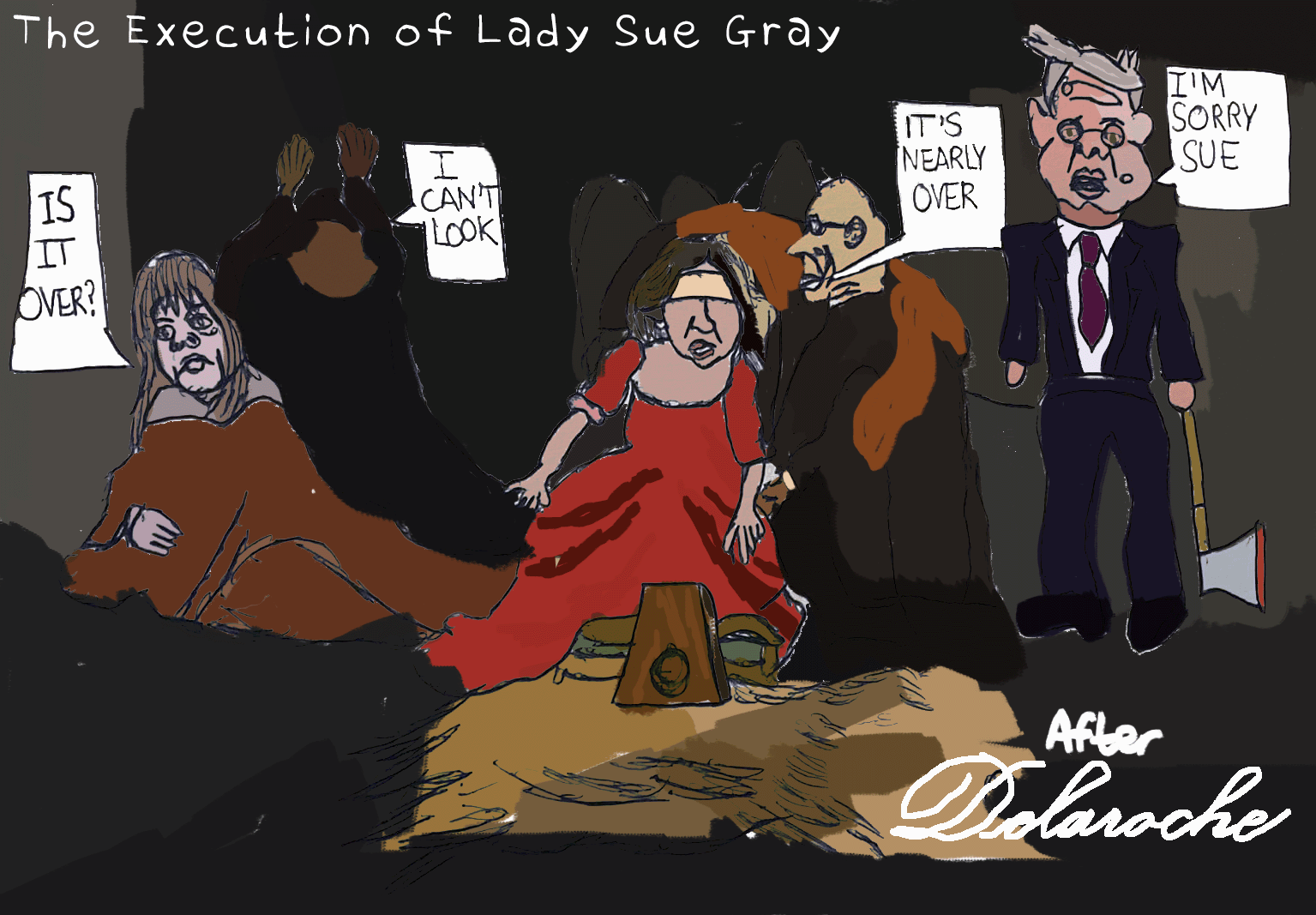 Sue Gray being beheaded by Keir Starmer in the style of the Execution of Lady Jane Grey painting by Paul Delaroche