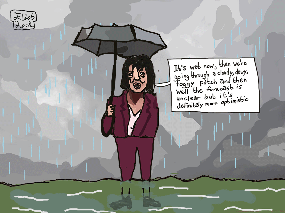 Rachel Reeves under an umbrella in a rainstorm giving a weather forecast saying everything's fine